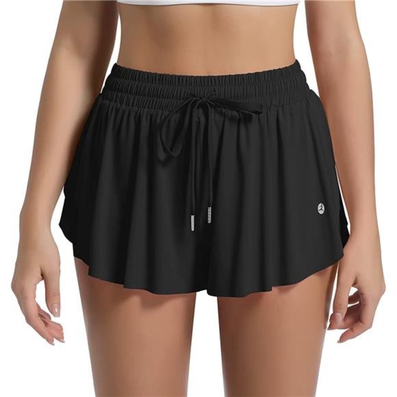 Women 2 in 1 Flowy Butterfly Running Shorts with Spandex Underneath and Pocket - Picture 3 of 6